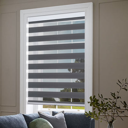 Zebra Cordless Window Blinds, Dual Layered Light Filtering Roller Shades, Easy Install Blinds, Indoor Home Decor, Pull-Down Shades for Windows, Light Control for Day & Night, Black, 22"W X 72"H