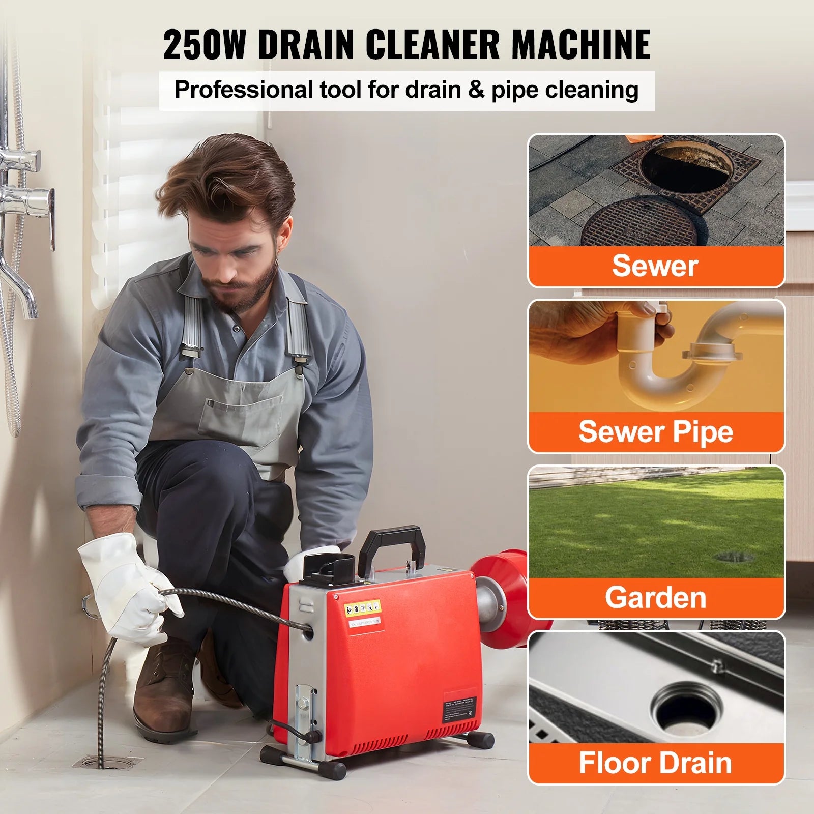 KFFKFF Electric Drain Cleaning Machine, 66FT x 5/8 Inch, 250W, Manual Operation - Includes 7 Cutting Heads, Dual Steel Cables & Directional Control, Suitable for 1.6"-4" Pipes