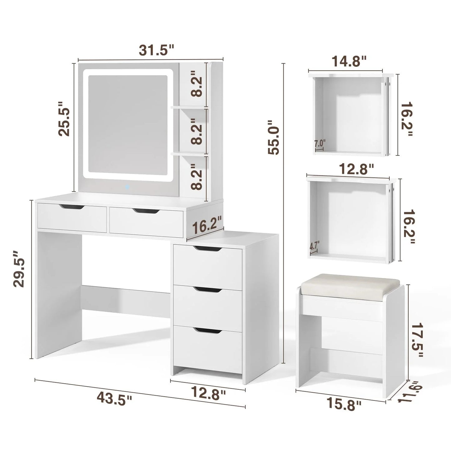 Bedroom Furniture Set - Includes Queen Bed Frame, Nightstands Set of 2, 5-Drawer Dresser & Vanity Desk - Modern Storage Solution for Stylish Home Decor, Beige/White