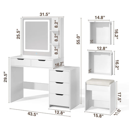 Bedroom Furniture Set - Includes Queen Bed Frame, Nightstands Set of 2, 5-Drawer Dresser & Vanity Desk - Modern Storage Solution for Stylish Home Decor, Beige/White