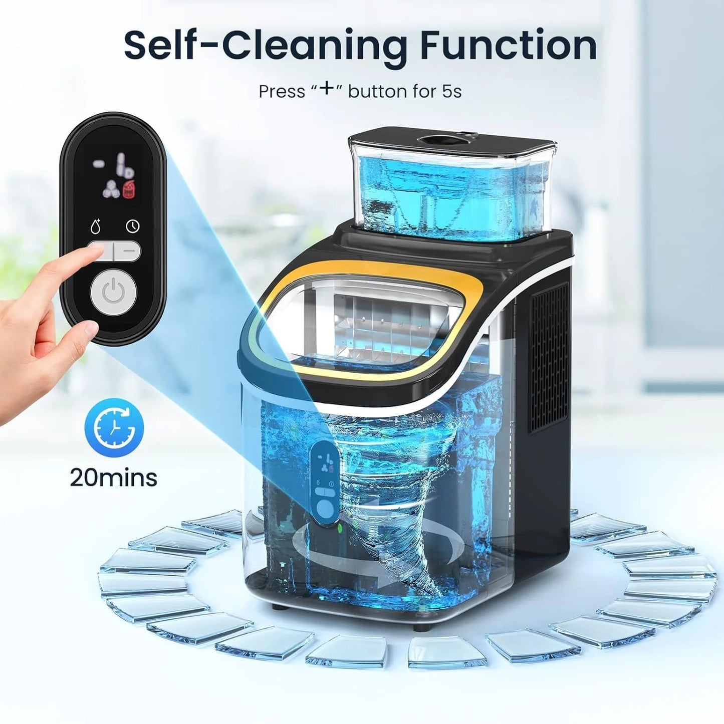 Auseo 45lbs/24H Ice Maker Countertop, 1.5+0.5L Large Water Tank, Cube Ice, Self-Cleaning, 24H Timer, Customizable Ice Making Time, Black