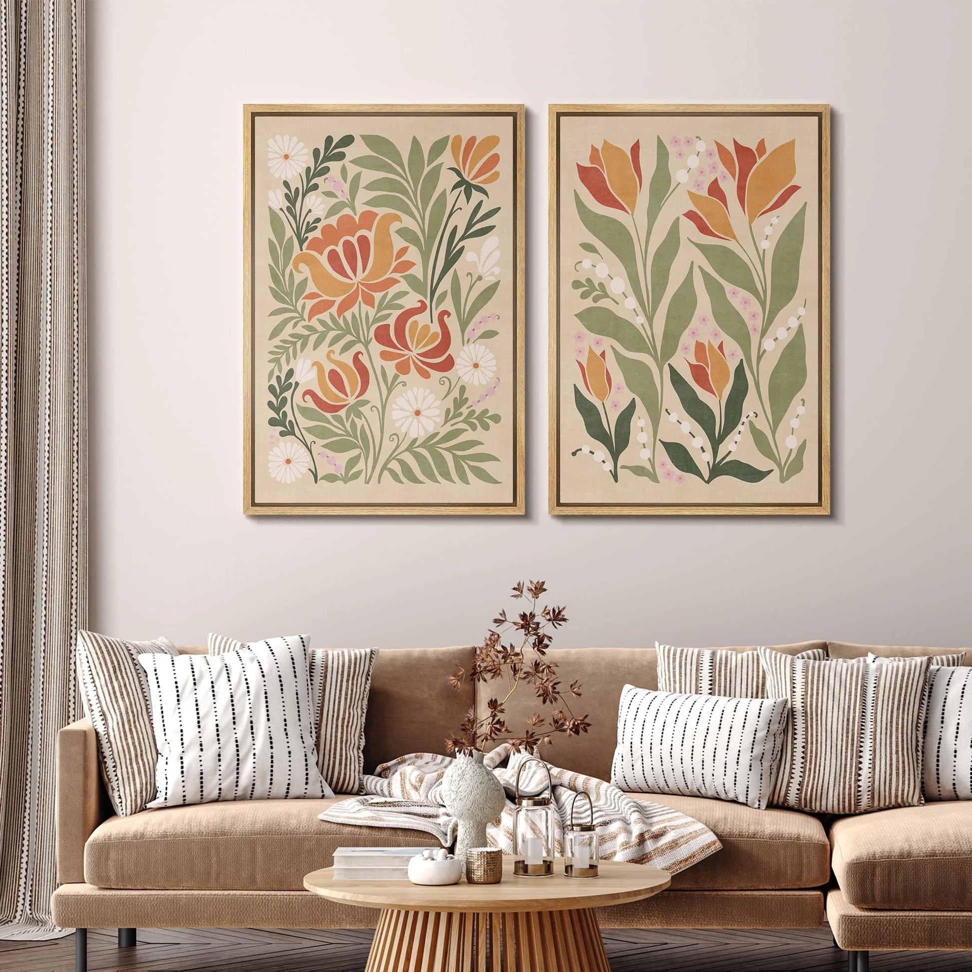 IDEA4WALL Framed Canvas Print Wall Art Set Vintage Floral Classic Botanical Illustration Abstract Garden Flowers Boho Art Modern Wall Decor Colorful Chic Artwork for Home Decor - Natural 24"x36"x2