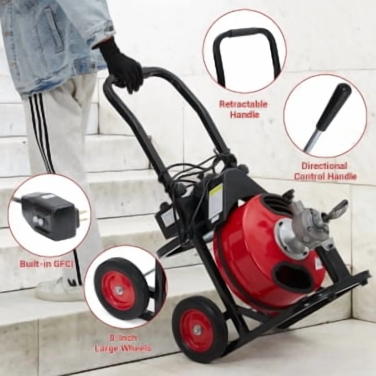 Drain Cleaner Machine 75Ft x 3/8 Inch,200W Drain Cleaning Machine,Portable Sewer Snake Auger with 8 Cutters & Air-activated Foot Switch, Fits 1" to 4" Pipes