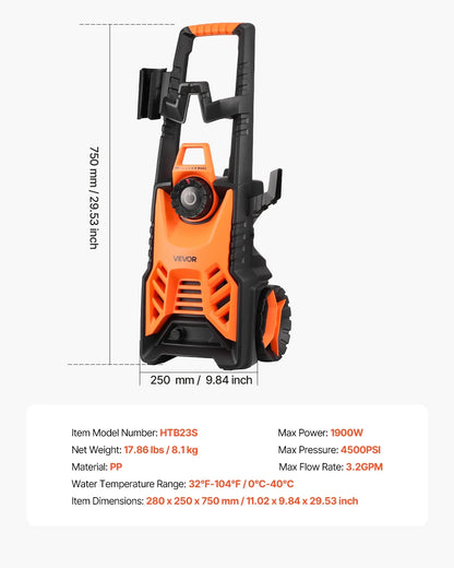 VEVOR Electric Pressure Washer, Max 4500 Psi and 3.2 GPM with Pressure Adjustment, High Power Pressure Cleaning Machine with 4 Quick Connect Nozzles