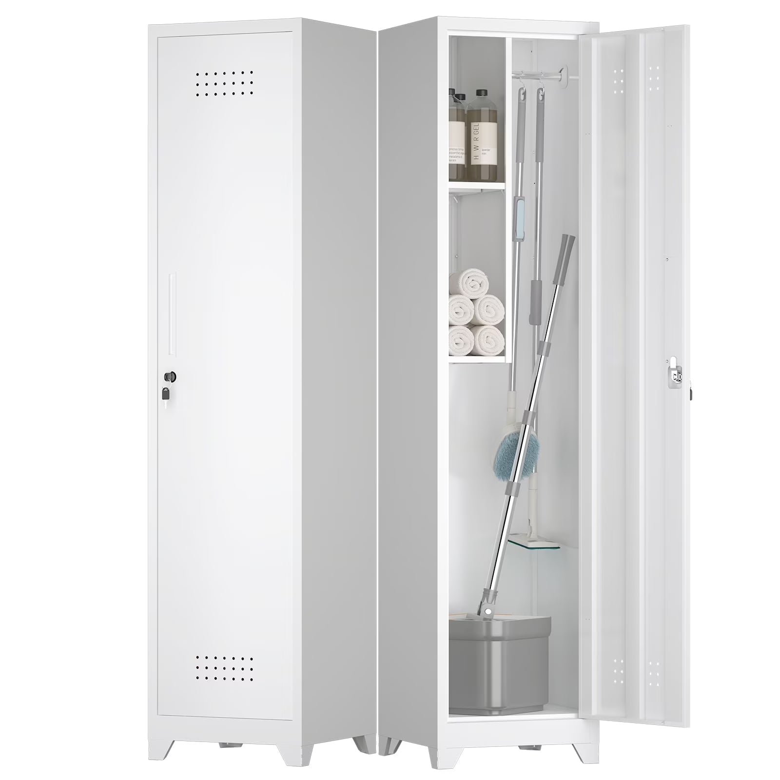 Marcree 65" H Slim Broom Storage Cabinet, Metal Broom Closet with Shelves and Hanging Rod, Utility Cabinet for Brooms and Mops, Tall Cleaning Storage Cabinet for Kitchen, Pantry, Office, Shop, Garage