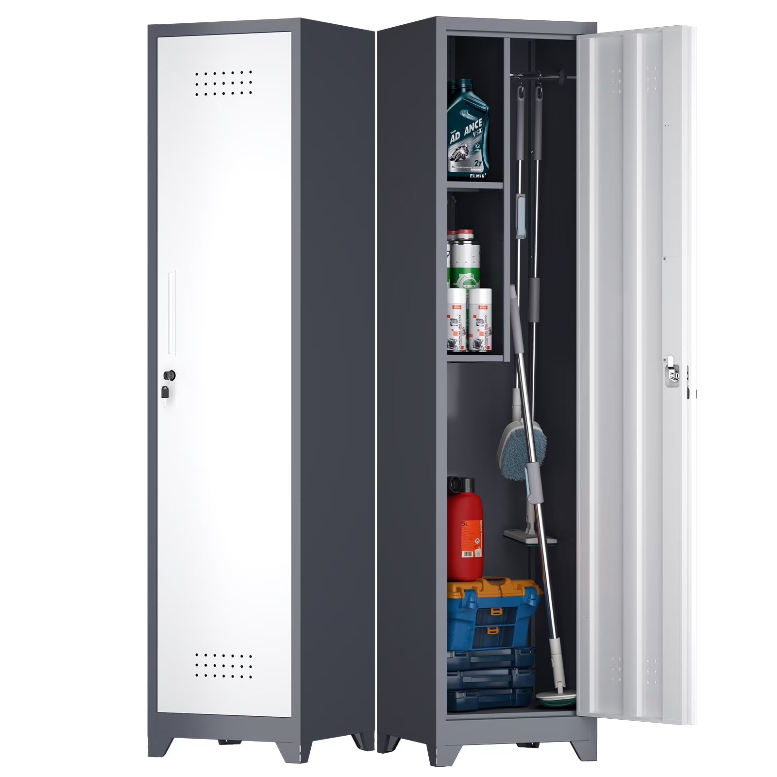 Marcree 65" H Slim Broom Storage Cabinet, Metal Broom Closet with Shelves and Hanging Rod, Utility Cabinet for Brooms and Mops, Tall Cleaning Storage Cabinet for Kitchen, Pantry, Office, Shop, Garage