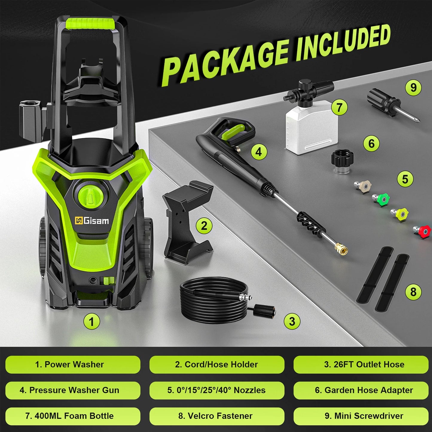 Gisam Electric High Pressure Washer, 4300 PSI 2.5 GPM, with 4 Quick Connect Nozzles, Foam Can, for Cars/ Fences/ Driveways/ Patios / Home Cleaning