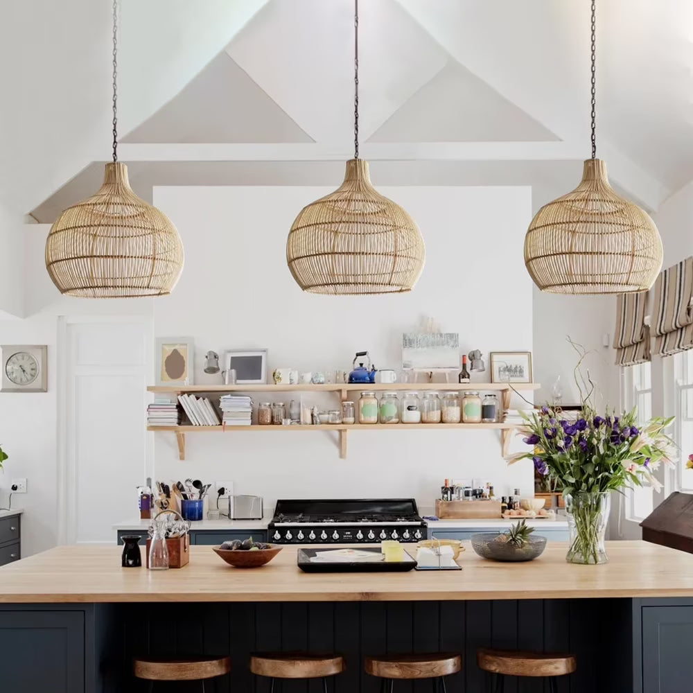 Arturesthome Boho Home Decor Kitchen Island Rattan Bamboo Pendant Light Basket Weave Linear Chandelier