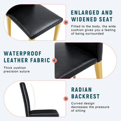 Set of 4 black PU leather backrest chairs with gold metal legs -A perfect pairing, ideal for minimalist and modern home decor styles, with product dimensions of 16.2*18.5*34.6 inches.