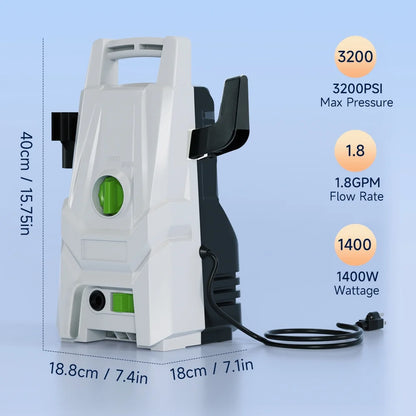 TOPTENG Electric Pressure Washer 3200PSI Max 1.8GPM High Pressure Power Washer Electric Powered 1400W Portable Pressure Cleaner Machine with 6 Nozzles Fence and Deck Cleaning
