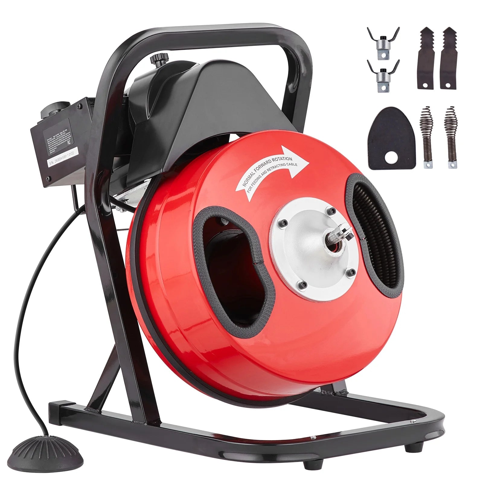 KFFKFF Sewer Line Cleaning Tool, 50FT x 1/2 Inch, Hand-Operated - Includes 4 Blades & Pneumatic Foot Pedal for 2"-4" Diameter Pipes