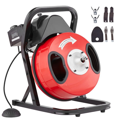 KFFKFF Sewer Line Cleaning Tool, 50FT x 1/2 Inch, Hand-Operated - Includes 4 Blades & Pneumatic Foot Pedal for 2"-4" Diameter Pipes