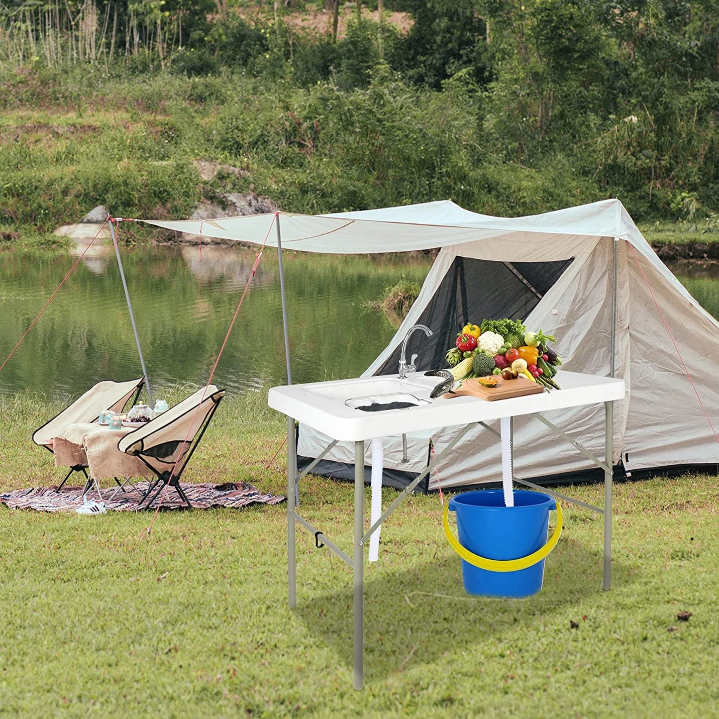 Folding Fish Cleaning Table, Outdoor Camping Sink Station with Sink & Faucet Drainage Hoses, Portable Camping Sink Table for Beach Fishing Patio Picnic