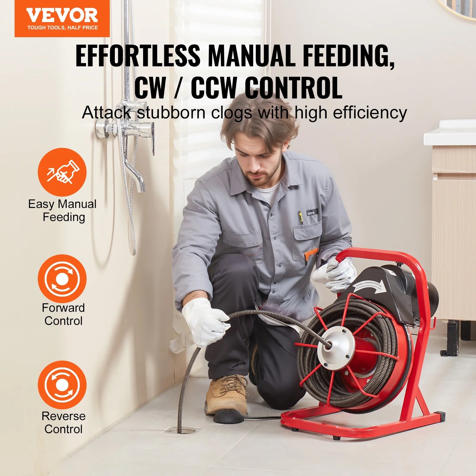 VEVOR Drain Cleaner Machine 75FT x 1/2 Inch, Sewer Snake Auger Manual Feed, 370W Electric Drain Cleaning Machine with 4 Cutters & Air-activated Foot Switch for 2" to 4" Pipes