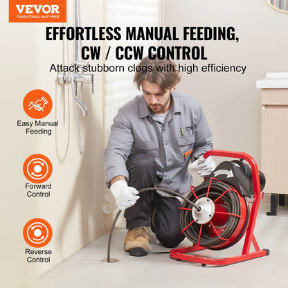 VEVOR Drain Cleaner Machine 75FT x 1/2 Inch, Sewer Snake Auger Manual Feed, 370W Electric Drain Cleaning Machine with 4 Cutters & Air-activated Foot Switch for 2" to 4" Pipes