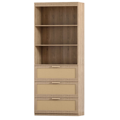 Zimtown Rattan 5-Shelf Bookcase with Drawer, 3 Tier Open Bookshelf with Storage Cabinet, Home Decor Furniture for Home Office, Living Room, Bedroom