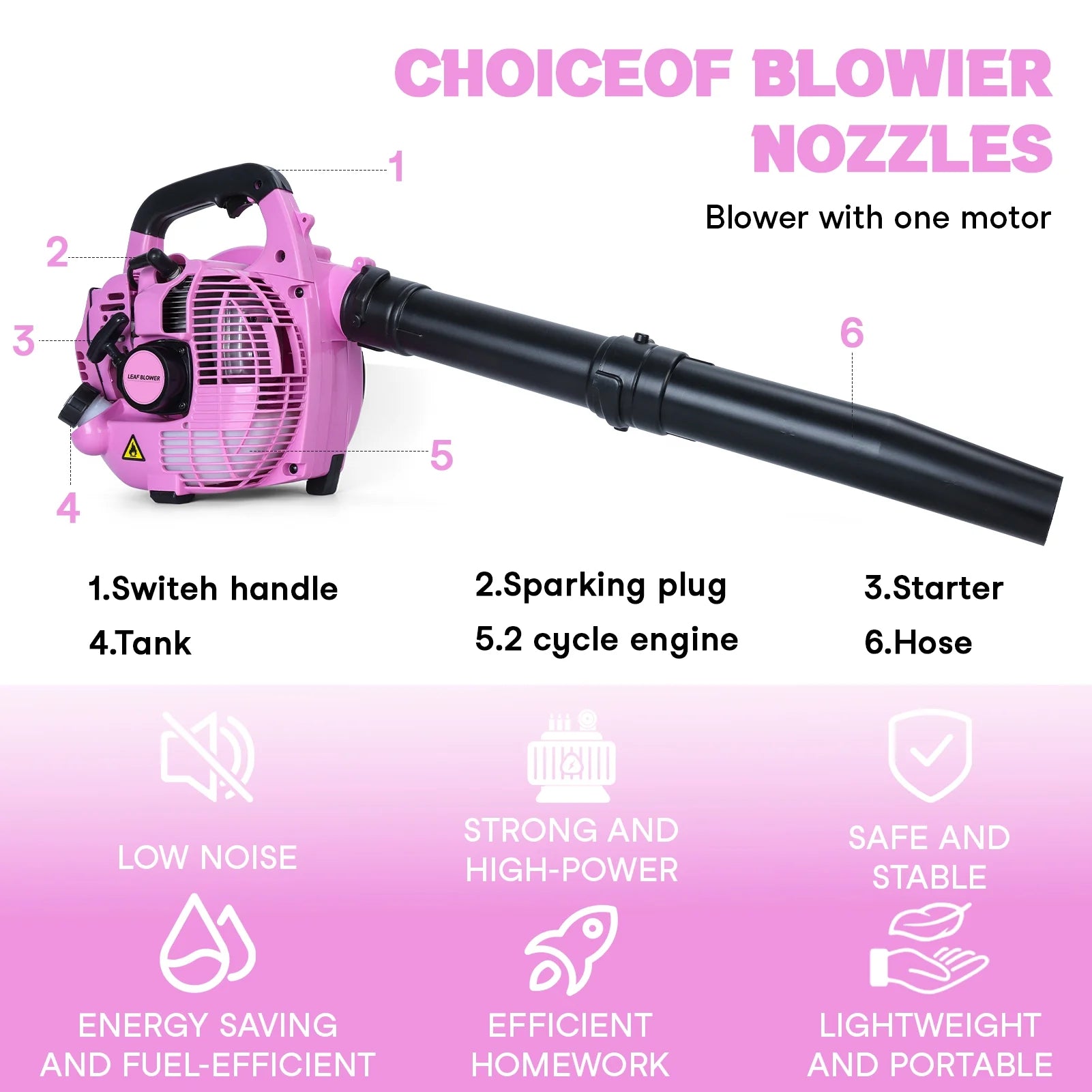 AQMD 26cc Handheld Leaf Blower, Gas Powered Snow Blower, 2-Stroke Handheld Gas Blower, Powerful Clearing Blower for Lawn Care, Snow Blowing & Yard Cleaning (EB260-Pink)