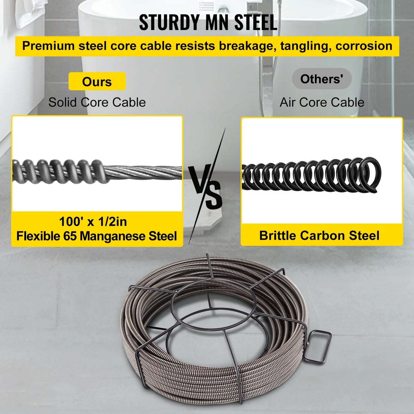 SKYSHALO Drain Cleaning Cable 100 Feet x 1/2 Inch Solid Core Cable Sewer Cable Drain Auger Cable Cleaner Snake Clog Pipe Drain Cleaning Cable Sewer Drain Auger Snake Pipe