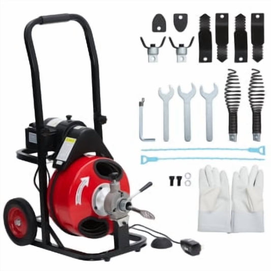 Drain Cleaner Machine 75Ft x 3/8 Inch,200W Drain Cleaning Machine,Portable Sewer Snake Auger with 8 Cutters & Air-activated Foot Switch, Fits 1" to 4" Pipes