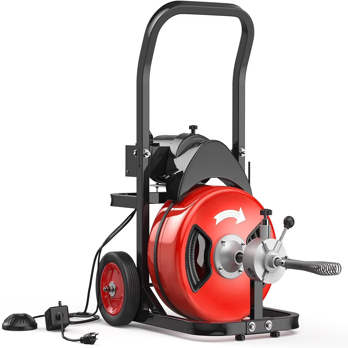 Kselythan 75 FTx1/2 Inch Drain Cleaning Machine, Auto Feed Sewer Snake Drill with Wheels, Pipe Spiral Cleaner with 4 Cutters and Pneumatic Foot Switch, for 2" to 4" Pipes