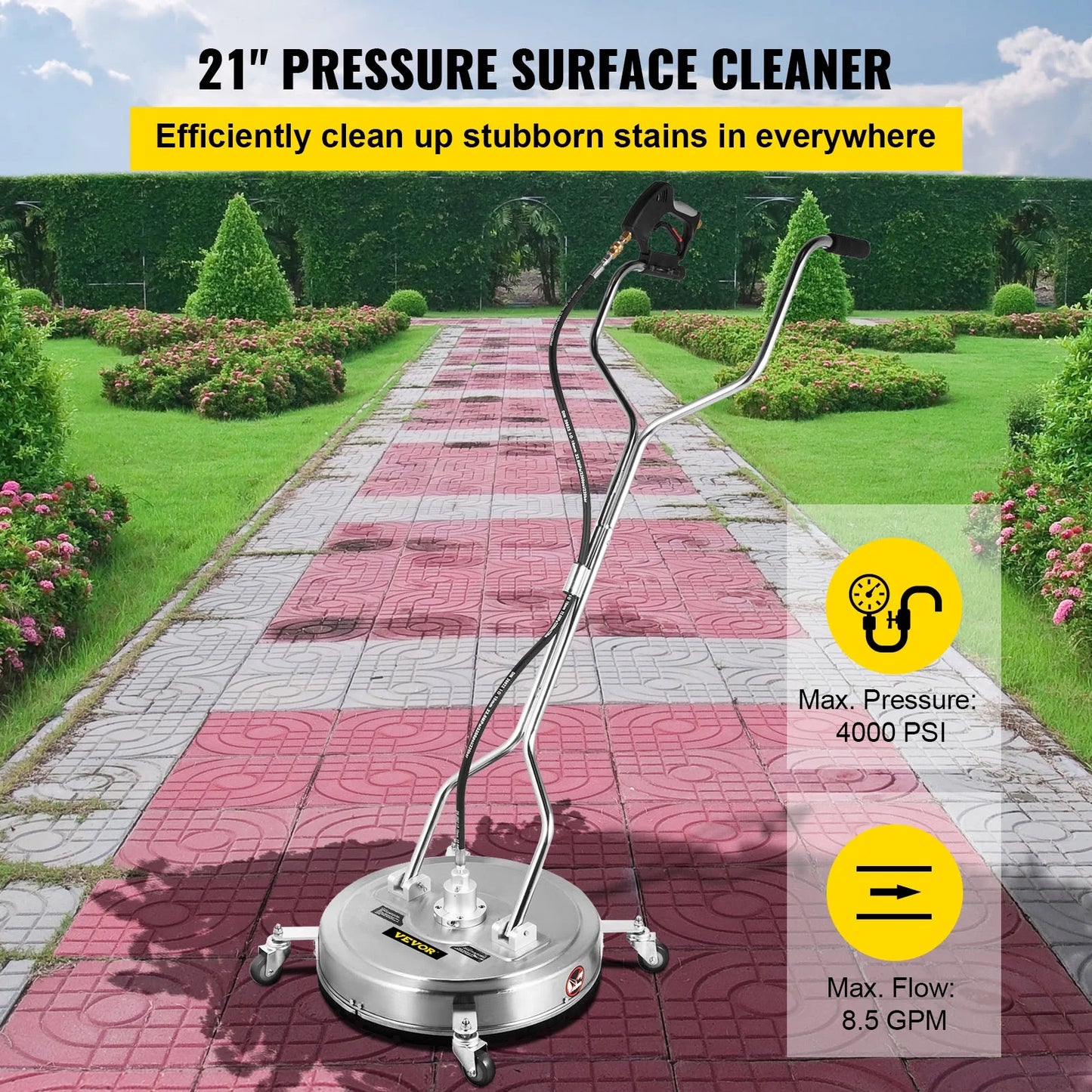 VEVOR 21" Surface Cleaner Pressure Flat Surface Cleaning 4000 PSI Max Working Pressure Flat Surface Cleaner Stainless Steel Rotating Surface Cleaner with 3 Nozzle Front Spray Bar