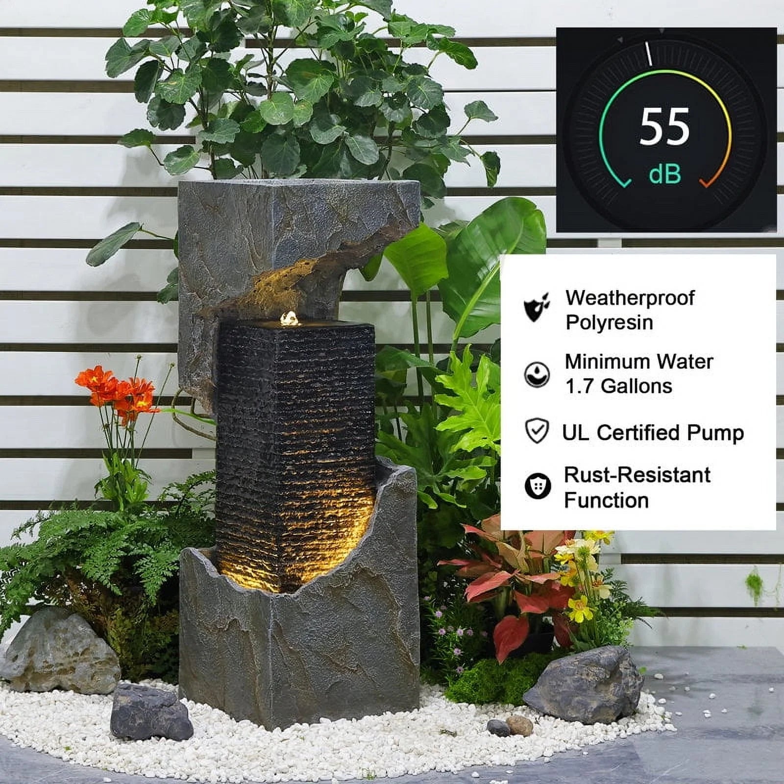 Waterfall Fountain Outdoor Floor Standing Garden Fountains with Lights for Patio, Backyard, Deck, Porch and Home Decor
