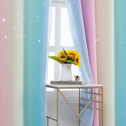 Anjee 2 Panels Blackout Stars Curtains for Girls Bedroom, Colorful Double Layer Rainbow Window Wall Home Decoration Curtains,52 x 63 Inches,Multicolor