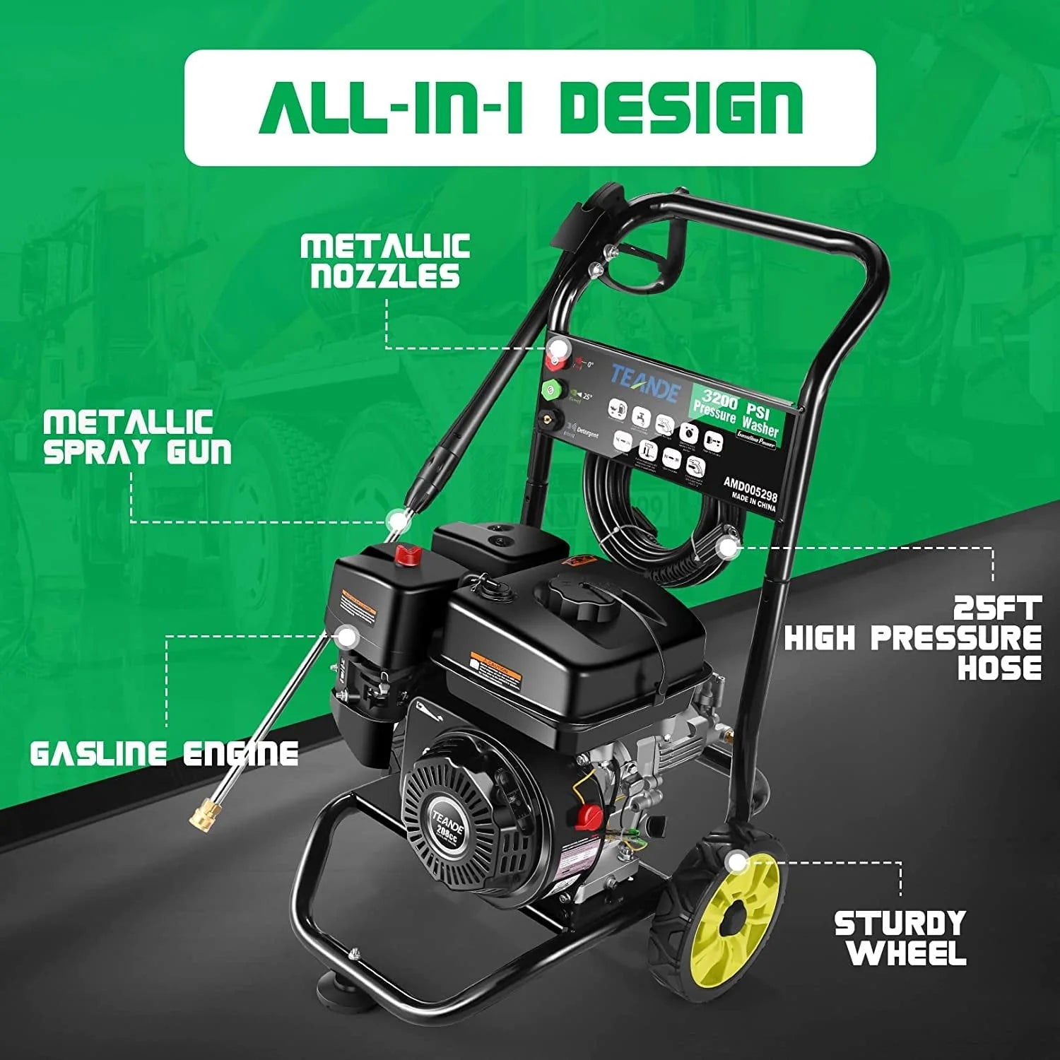 TEANDE Gas Pressure Washer Powered, 2.6 GPM 209cc 7.0 HP Power Washer with 3 Quick-Connect Nozzles, 25�?Hose for Cars, Driveway, Patio, Siding, Fence Cleaning