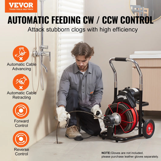 VEVOR Drain Cleaner Machine 100FT x 3/8 Inch, Auto Feed Sewer Snake Auger on Wheels, 370W Portable Drain Cleaning Machine with 8 Cutters & Air-activated Foot Switch for 2" to 4" Pipes