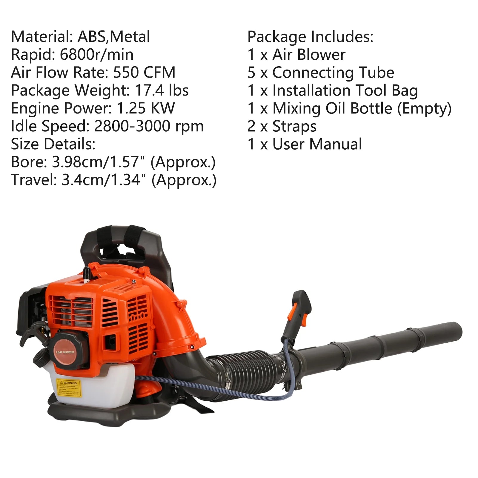 Birinta 1 Set Leaf Blower Backpack Style 52CC Two-stroke 1.25 KW Adjustable Tube Gas Powered Dust Blower Supplies for Garden Patio Cleaning, Lawn Care, Blowing Leaves and Dust