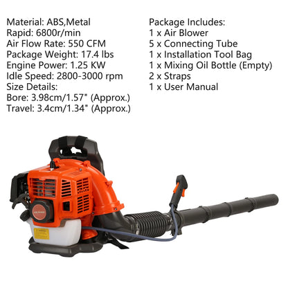 Birinta 1 Set Leaf Blower Backpack Style 52CC Two-stroke 1.25 KW Adjustable Tube Gas Powered Dust Blower Supplies for Garden Patio Cleaning, Lawn Care, Blowing Leaves and Dust