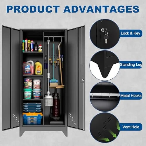 Metal Storage Cabinet, Black Broom Storage Cabinets with Doors and Shelves, Tall Garage Tool Cabinet, Lockable Cleaning Closet Storage Cabinet for Home, Office, Laundry Room, Warehouses
