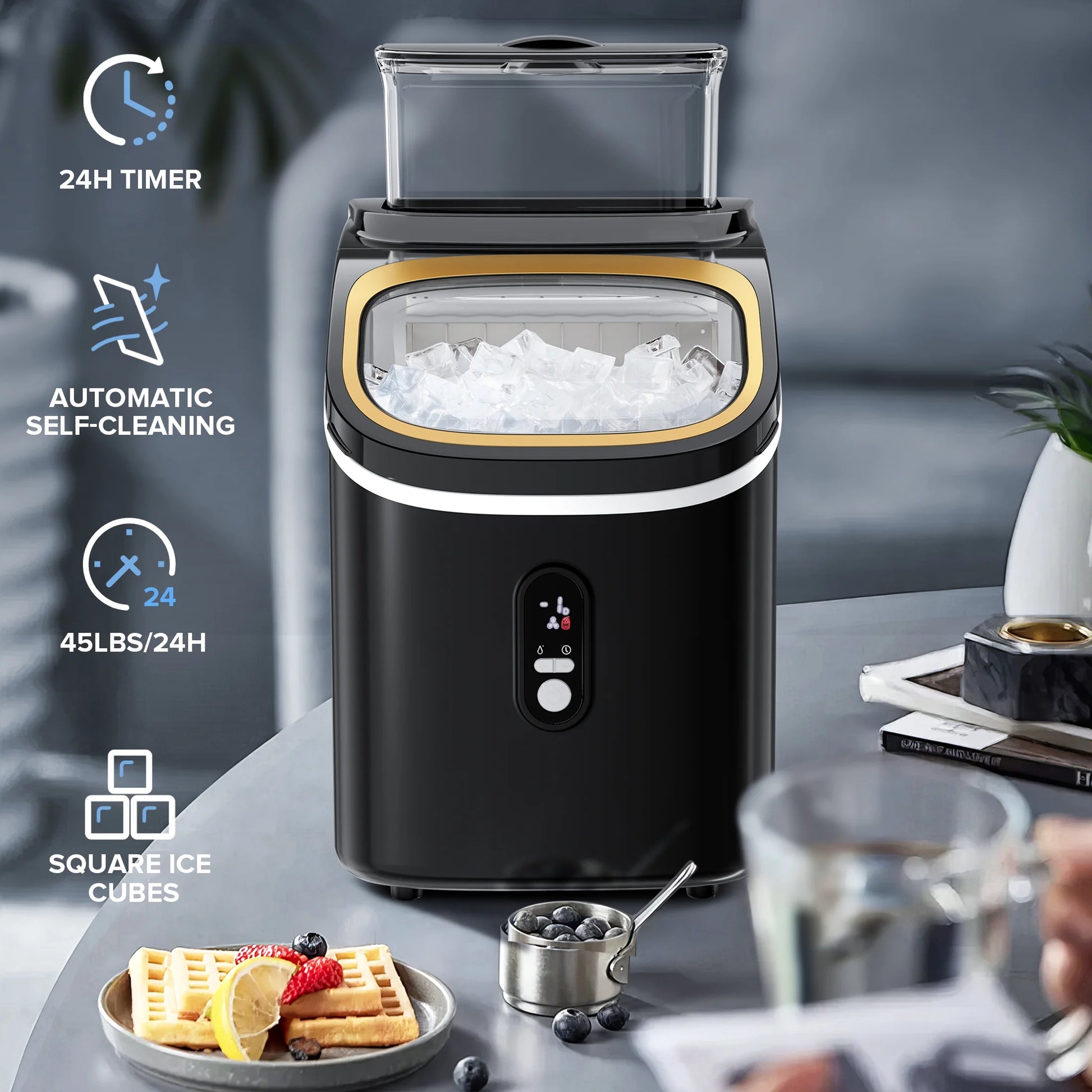 Auseo 45lbs/24H Ice Maker Countertop, 1.5+0.5L Large Water Tank, Cube Ice, Self-Cleaning, 24H Timer, Customizable Ice Making Time, Black