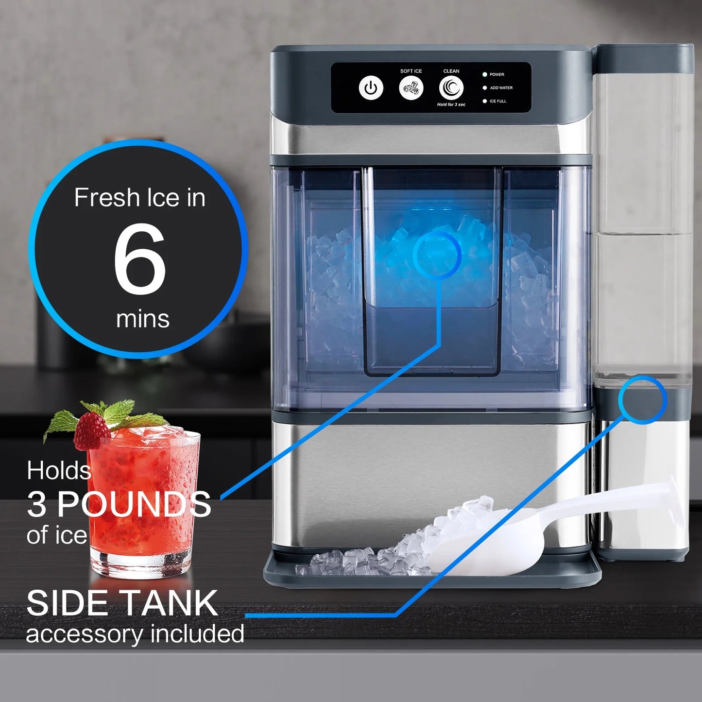 TEKAMON Nugget Ice Maker Countertop, 41lbs/24H, Soft Chewable Pellet Touchscreen Ice Maker with Self-Cleaning Function for Kitchens, Offices, Home
