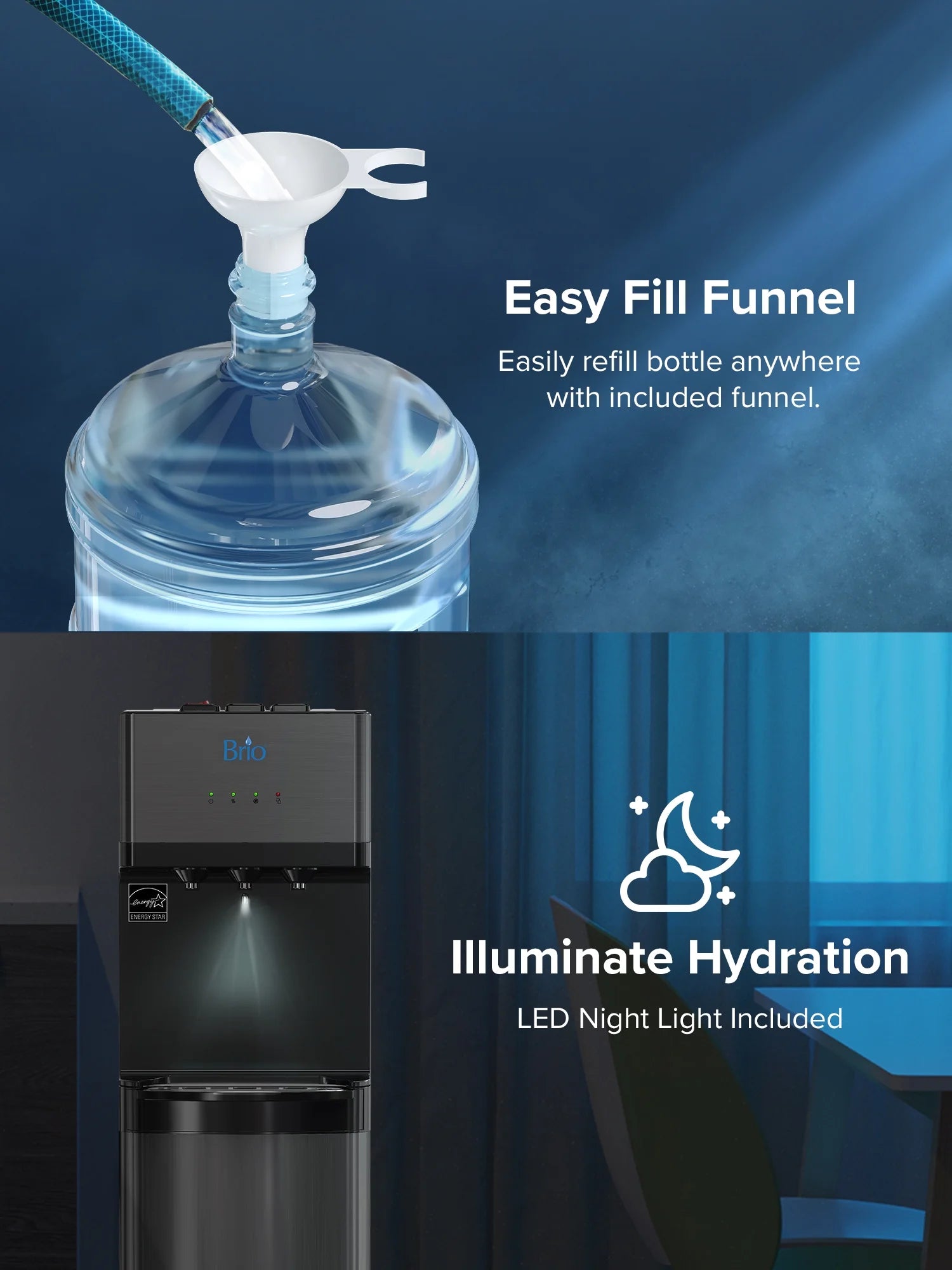 Brio 520 Series Self-Cleaning Bottom Loading No-Line Tri-Temperature 2 Stage Filtration Capacity Water Cooler Dispenser