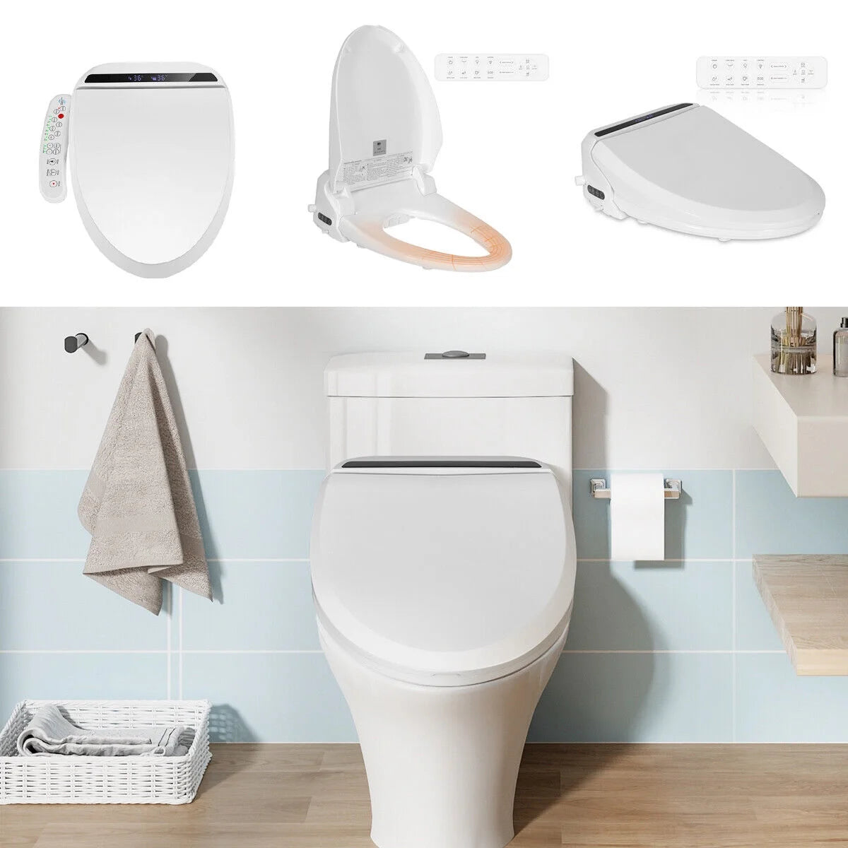 PULUOMIS Elongated Electronic Bidet Toilet Seat White with Heated Seat and Self-Cleaning Nozzle