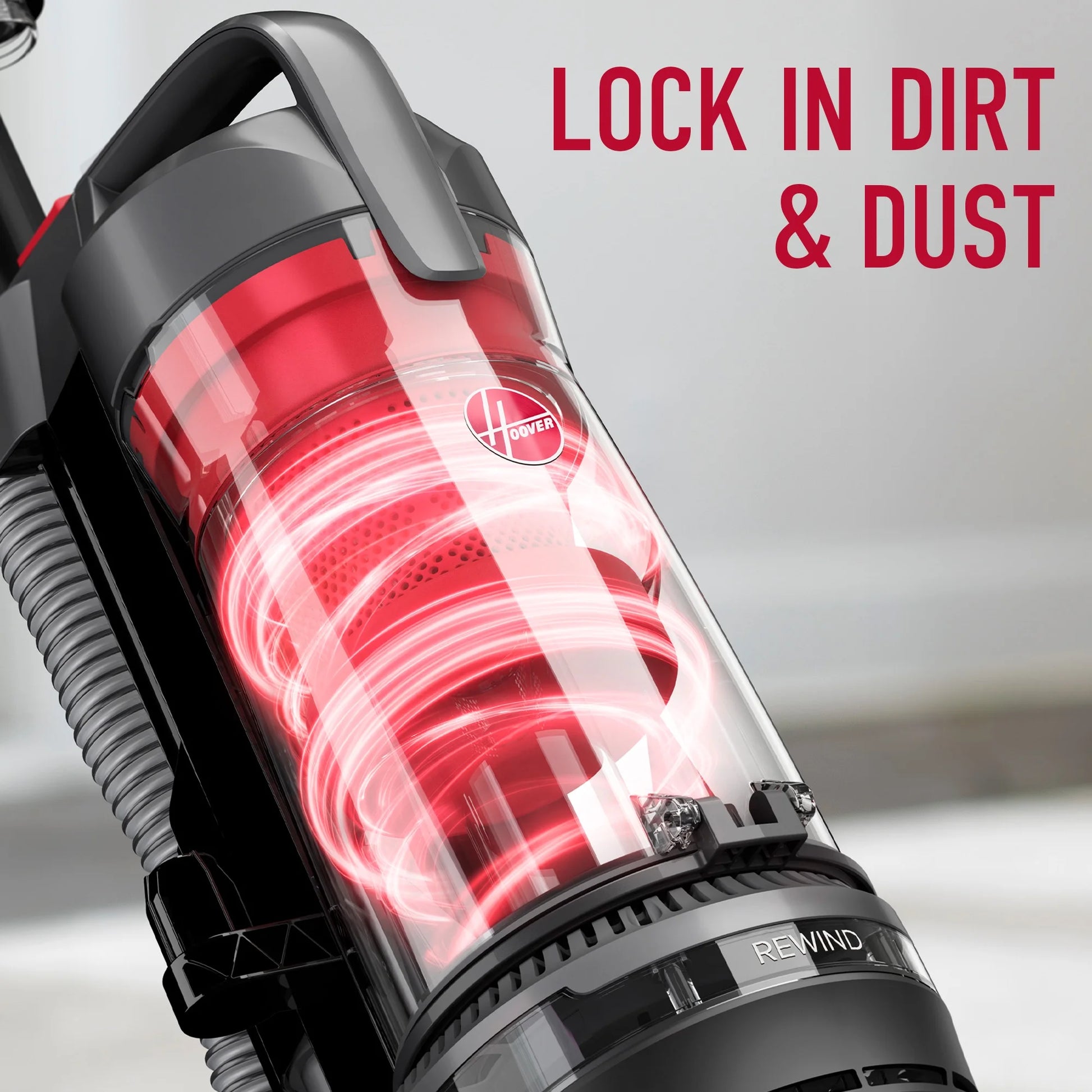 Hoover Rewind Pet Bagless Upright Vacuum Cleaner, Pet Friendly, Automatic Cord Rewind, Multi-Surface and Above Floor Cleaning, UH77410V, Gray & Red