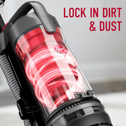 Hoover Rewind Pet Bagless Upright Vacuum Cleaner, Pet Friendly, Automatic Cord Rewind, Multi-Surface and Above Floor Cleaning, UH77410V, Gray & Red