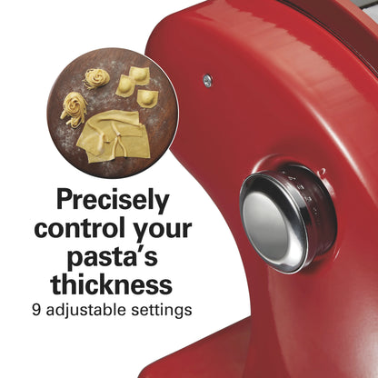 Hamilton Beach Electric Pasta Maker & Noodle Machine with 9 Adjustable Thickness Settings, Includes Spaghetti & Fettucine Cutter, Cutting Wheel, Cleaning Brush, Red