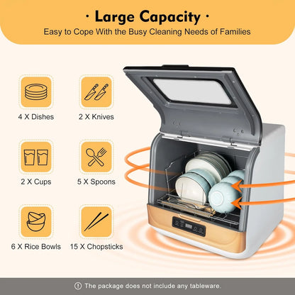 1200W 110V Portable Countertop Dishwasher, 5-Liter Compact Dishwasher, Automatic Dishwasher with 4 Washing Programs+360° Streak-Free Deep Cleaning, Dishwasher for Apartment/Office/Kitchen