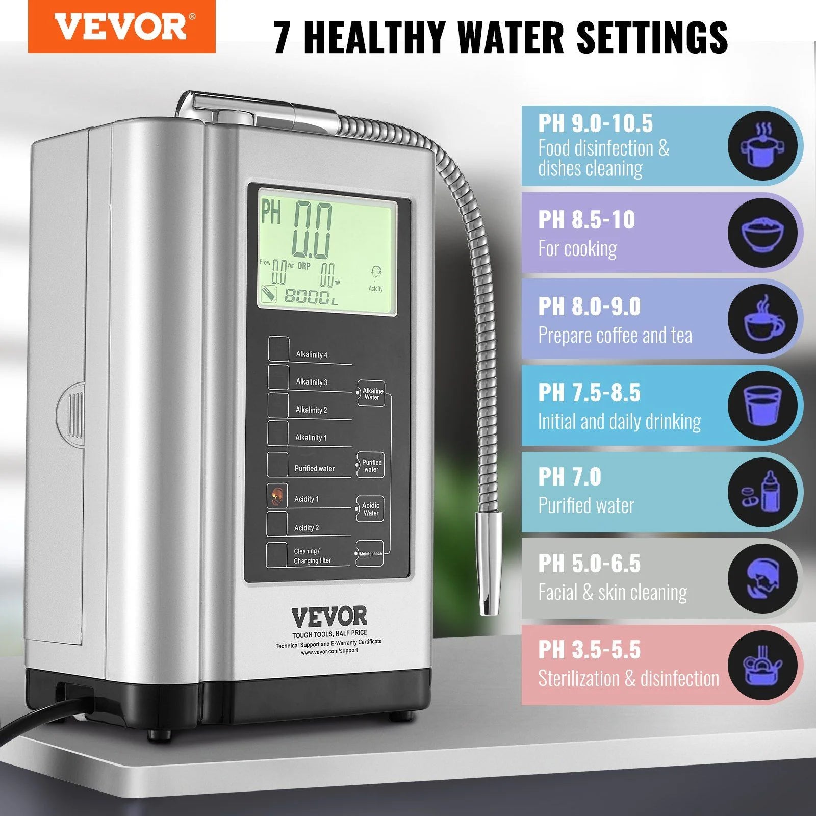 Alkaline Water Ionizer Machine, pH 3.5-10.5, Hydrogen Water Purifier, 7 Settings, -550mV ORP, 8000L Filter, Auto-Cleaning, White