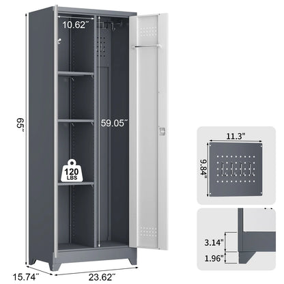 Marcree Broom Closet Storage Cabinet with Lock,65" Tall Garage Storage Cabinet with Hanging Rod,Multifunctional Garage Storage Broom Closet with Doors,Cleaning Tool Cabinet