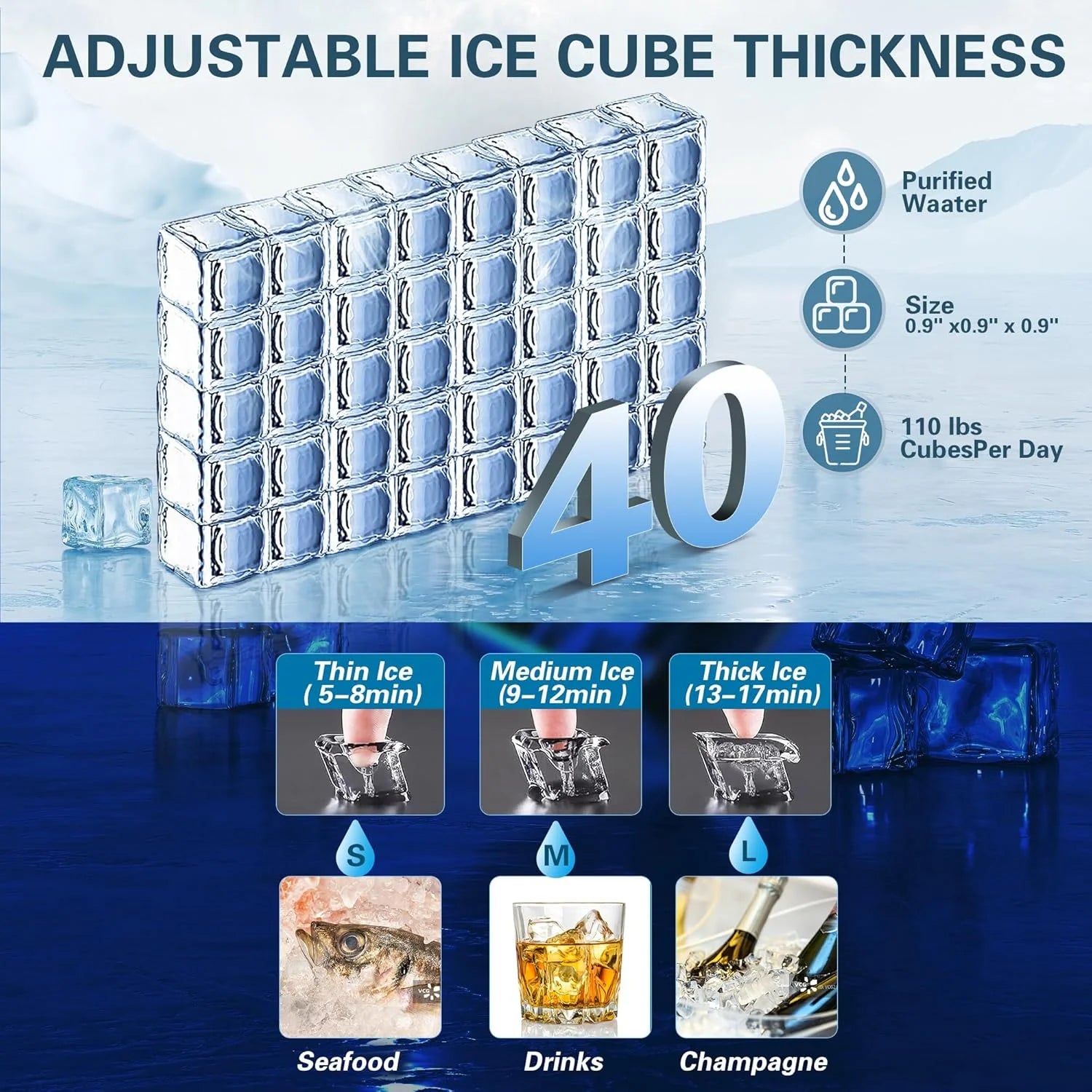 Commercial Ice Maker Machine 120LBS/24H Ice Maker, Stainless Steel Freestanding Ice Machine with 33LBS Storage Capacity, Self-Cleaning, 2 Water Inlet Modes,Ideal for Restaurant,Home,Bar