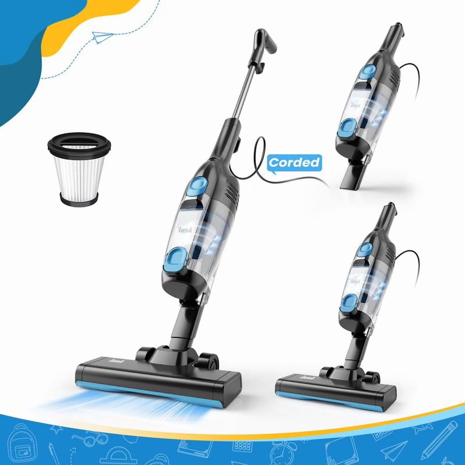 "INSE R6X Corded Stick Vacuum - 15KPa/600W, Ultra-Lightweight - Bagless Upright + Handheld for Hard Floors/Carpet/Pet Hair/Car Cleaning"