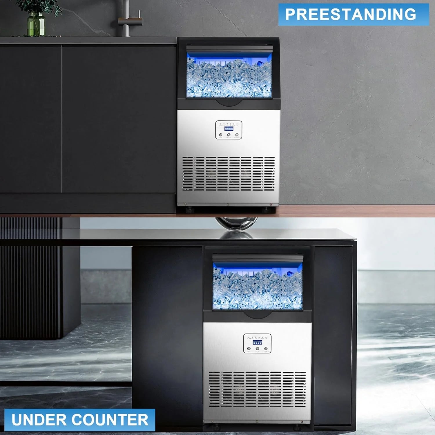 Ice Maker,110LBS/24H Commercial Ice Machine Stainless Steel Ice Maker Machine with 25LBS Capacity,45 Ice Cubes in 12-15 Minutes,Self-Cleaning,Ideal for Restaurant,Bars,Home,Includes Scoop