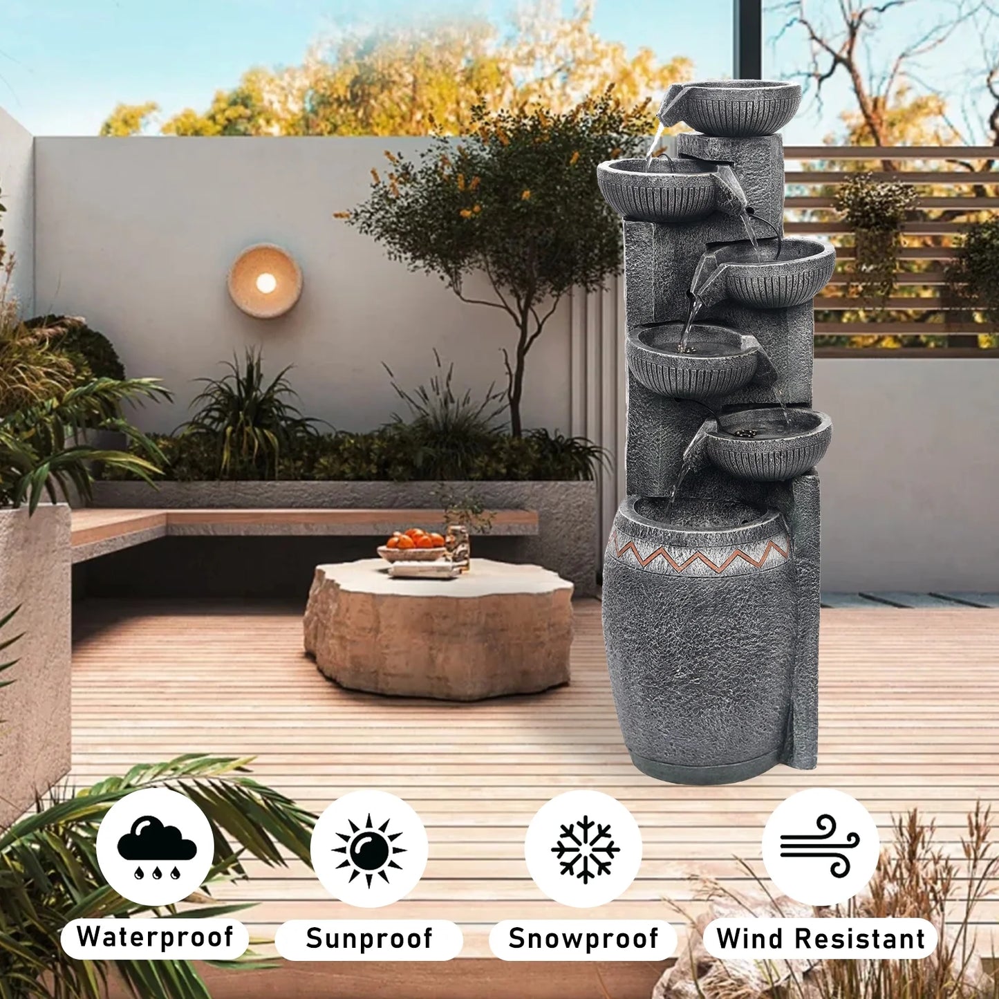 35.83''H Outdoor Indoor Garden Water Fountain 6-Tiers Modern Floor Standing Water Feature Waterfall Fountains with LED Lights for Yard Porch Deck Patio Home Decor