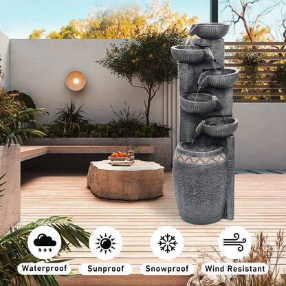 35.83''H Outdoor Indoor Garden Water Fountain 6-Tiers Modern Floor Standing Water Feature Waterfall Fountains with LED Lights for Yard Porch Deck Patio Home Decor
