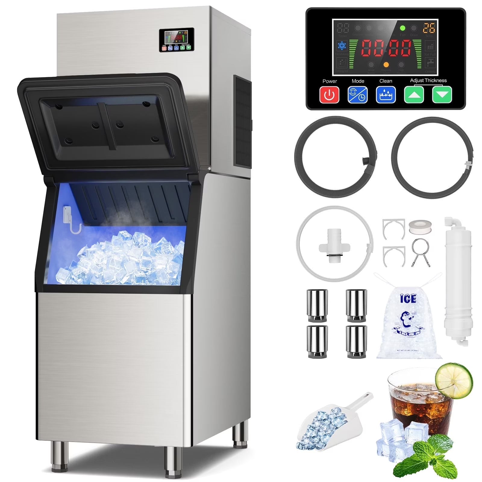 QAUSOU Commercial Ice Maker Machine Large Capacity 360 LBS 600 LBS/24H with Self Cleaning Function
