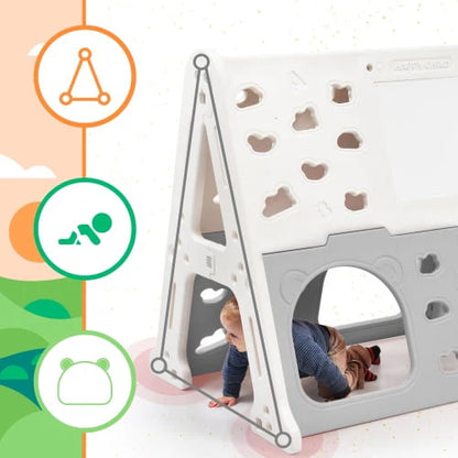 5-in-1 Toddler Climber Basketball Hoop Set Kids, Montessori Climbing Toys for Baby, Playground Climber Playset with Tunnel, Climber, Whiteboard,Toy Building Block Baseplates, Gift for Boys Girls, Gray