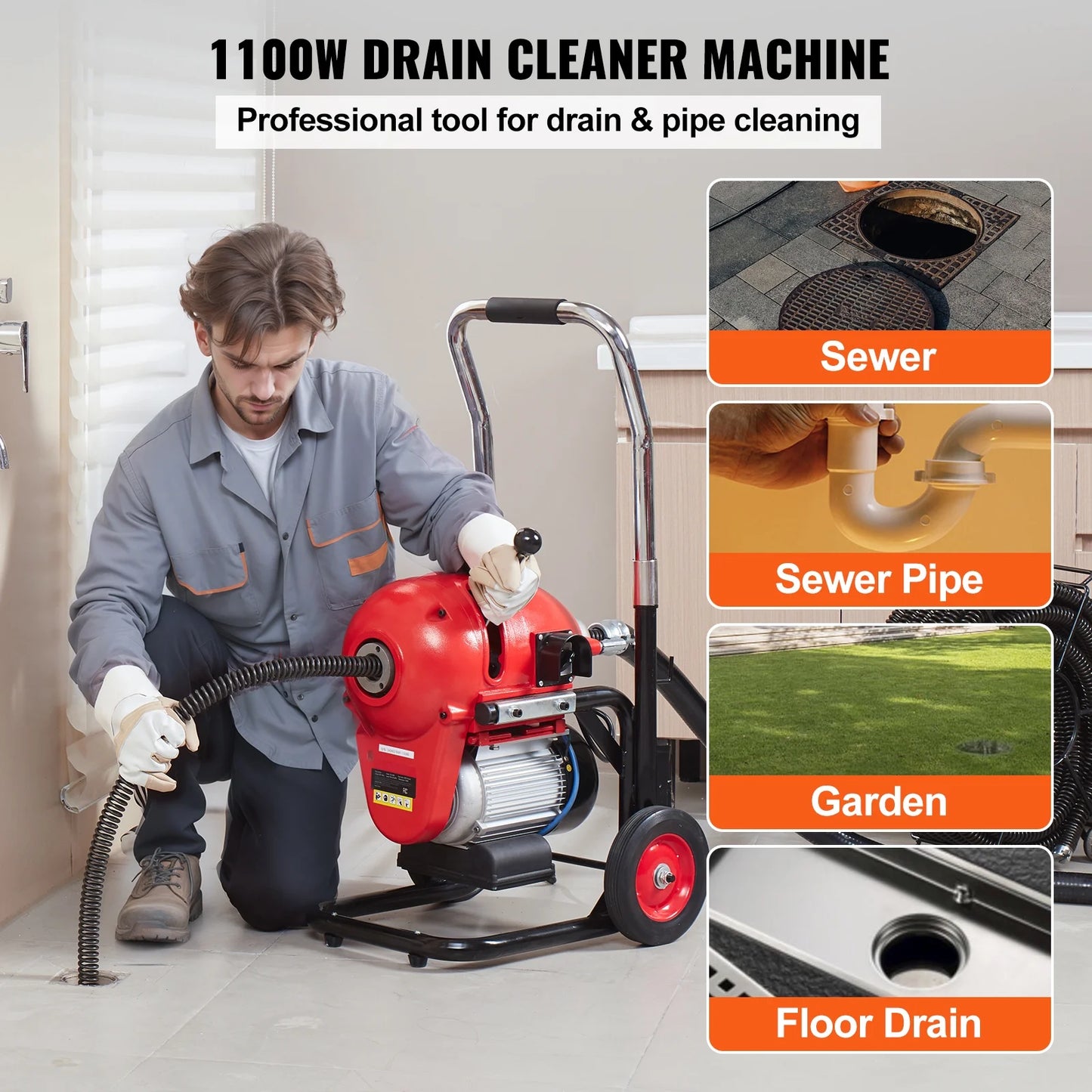 KFFKFF Drain Cleaning Machine, 120FT x 6/5 Inch, 1100W, Manual Operation - Includes 2 Steel Cables, 6 Blades, and Dual-Direction Control for Pipes 4"-8"